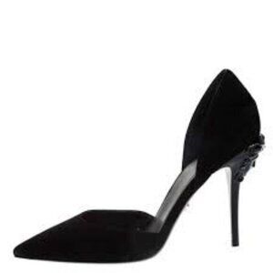 Versace Black Suede Leather Medusa Heel Pointed Toe D'orsay Pumps, Size 40.5